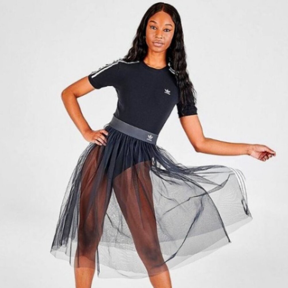 💥HOT ITEM!💥ADIDAS Sleek Pleated Midi Tulle Skirt in Black& White - Picture 4 of 15